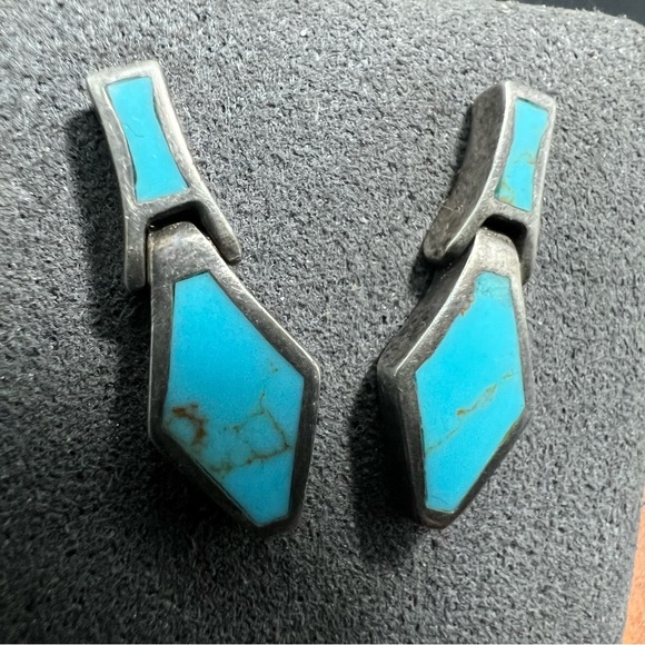 Vtg Sterling Sleeping Beauty Turquoise Inlay Dangle Earrings Native Amer… - Picture 8 of 10